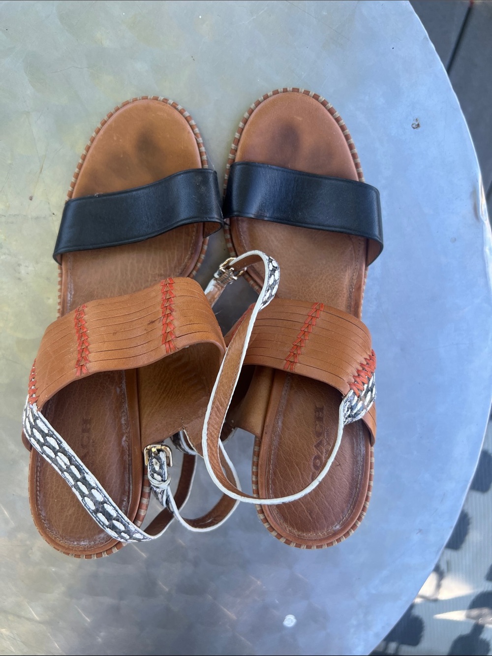 Coach Two-Tone Leather Flat Sandals in Black & Brown with Patterned Ankle Strap